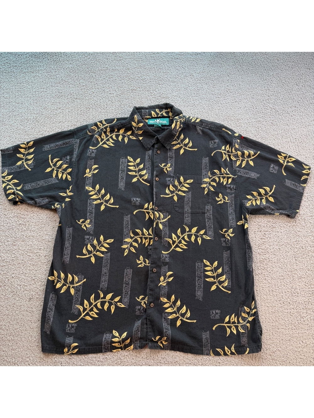 Vintage Big Dogs 3XL Black Gold Floral Rayon Hawaiian Button Up Shirt Y2K